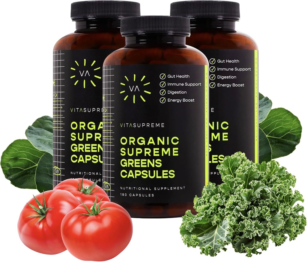 Vita Supreme Organic Super Greens Superfood Capsule, Suplemento Nutricional para Gut Health, Immune Support, Digestión, Energía y Más (No GMO, Keto, Vegan) 180 Capsules, 3 Pack