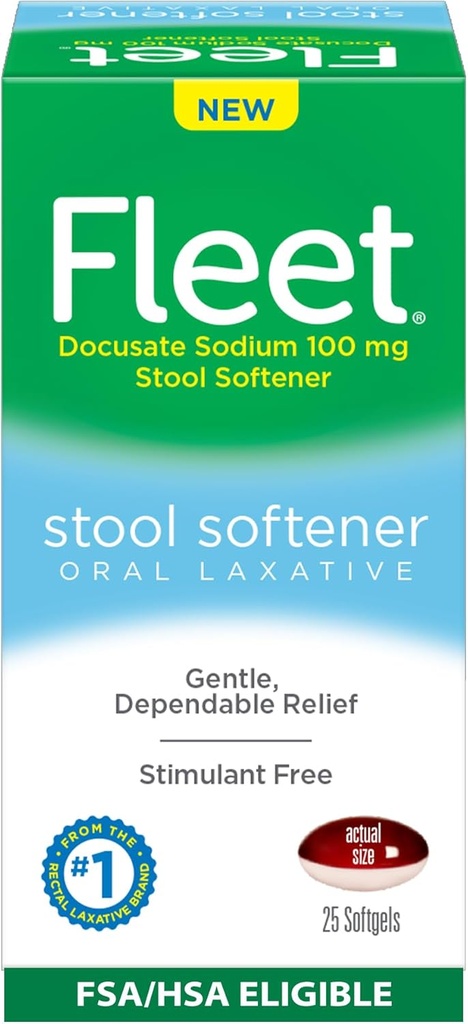 Fleet Stool Softener, Laxante Oral Libre de Estimulantes para Alivio de Estreñimiento Gentil y Dependible, 25 Conde Softgels