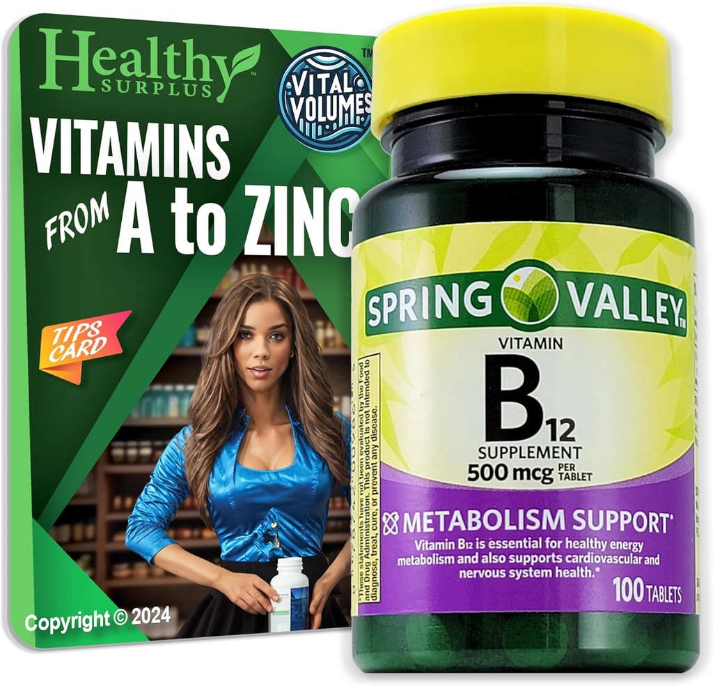Superávit saludable Vitamina B12 Suplemento Tablas 500 mcg 100 Tablas y Volumen Vital Consejos Tarjeta