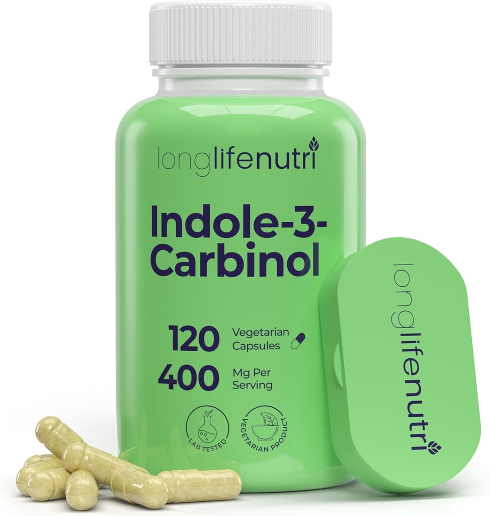 LongLifeNutri Indole-3-Carbinol 400mg - 120 Vegeterian Capsules, Suministro de 4 meses, Suplemento Orgánico para Equilibrio de Hormonas " Salud Celular, Pruebas de laboratorio, Hecho en EE.UU.
