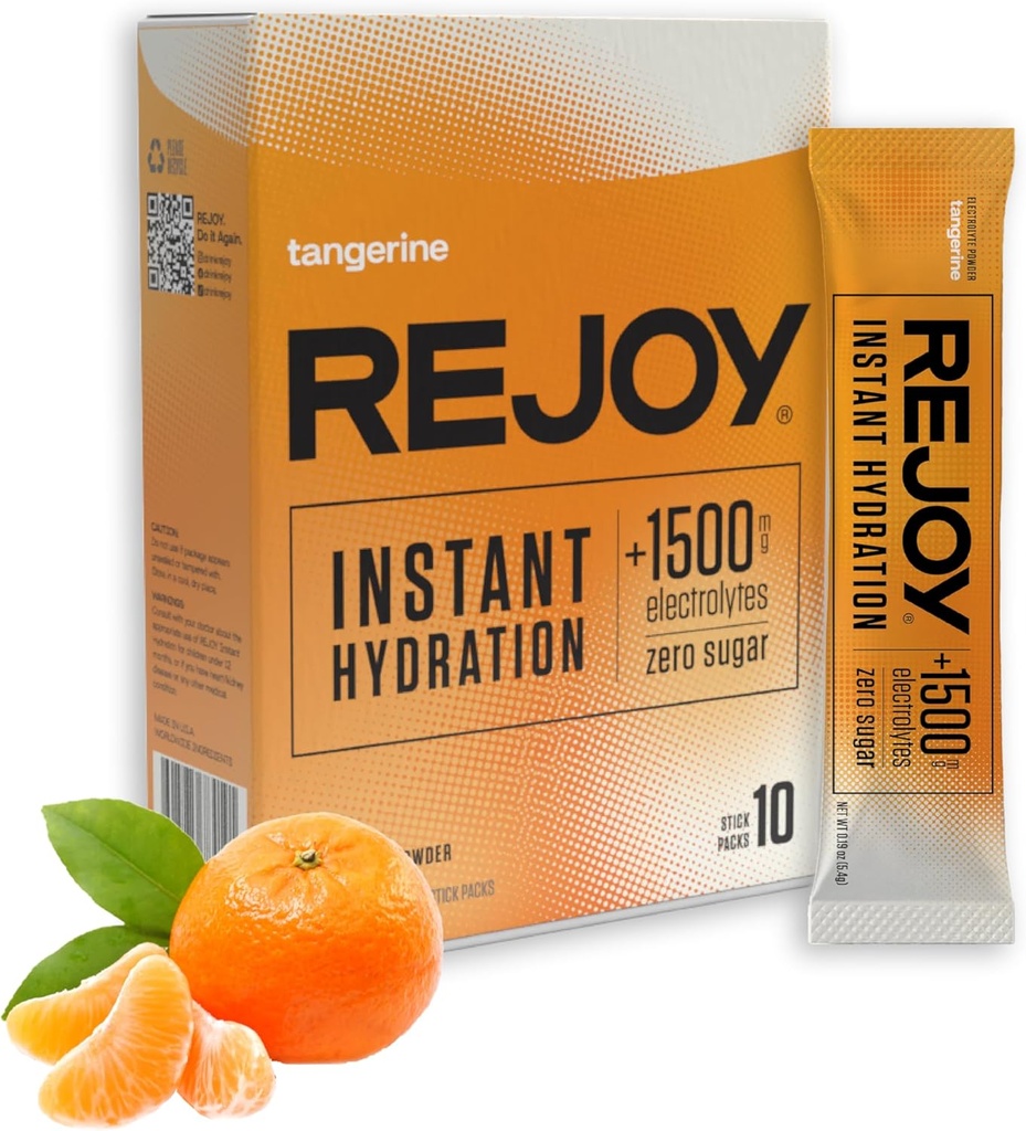 Rejoy – Electrolyte Powder Packets, 10 Sticks – Hydration Drink Mix Supplement – Sugar Free, Keto and Paleo Friendly, Vegan, Non-GMO, Easy Open Single-Serving Stick (Tangerine)