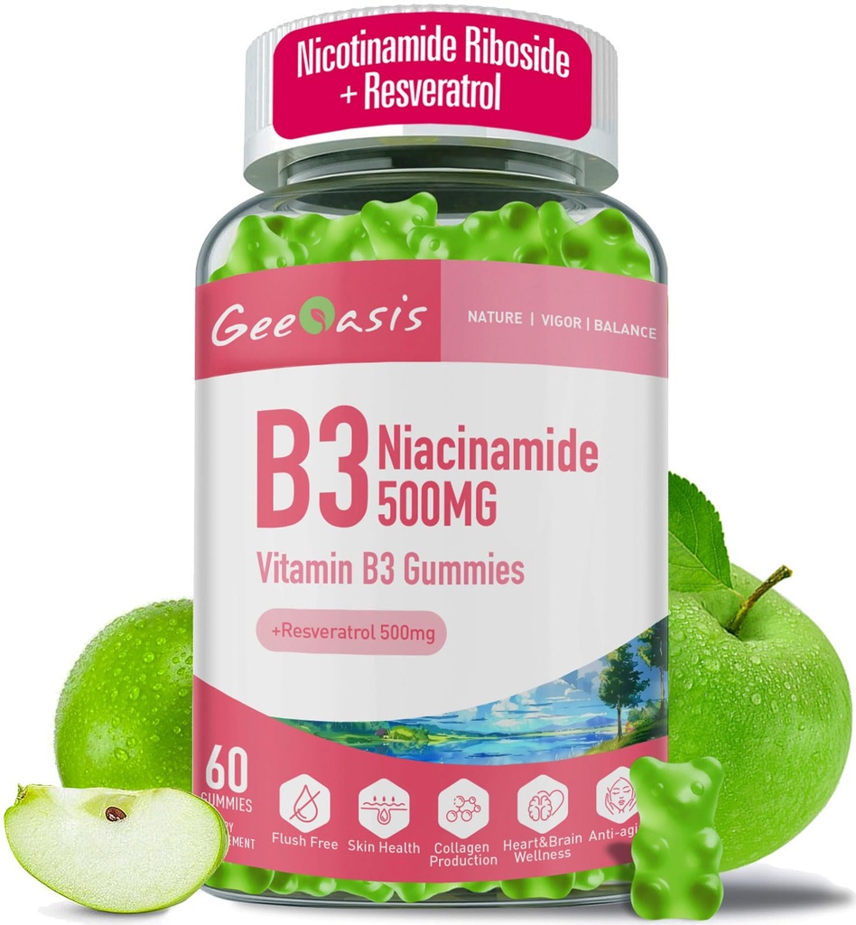 Niacinamide 500mg Gummies, Chewable Vitamin B3 Supplement with Resveratrol 500mg, High Potency Niacin for Antioxidant, Skin & Brain Health, Immune Support, Vegan Apple Flavor, 60 Count