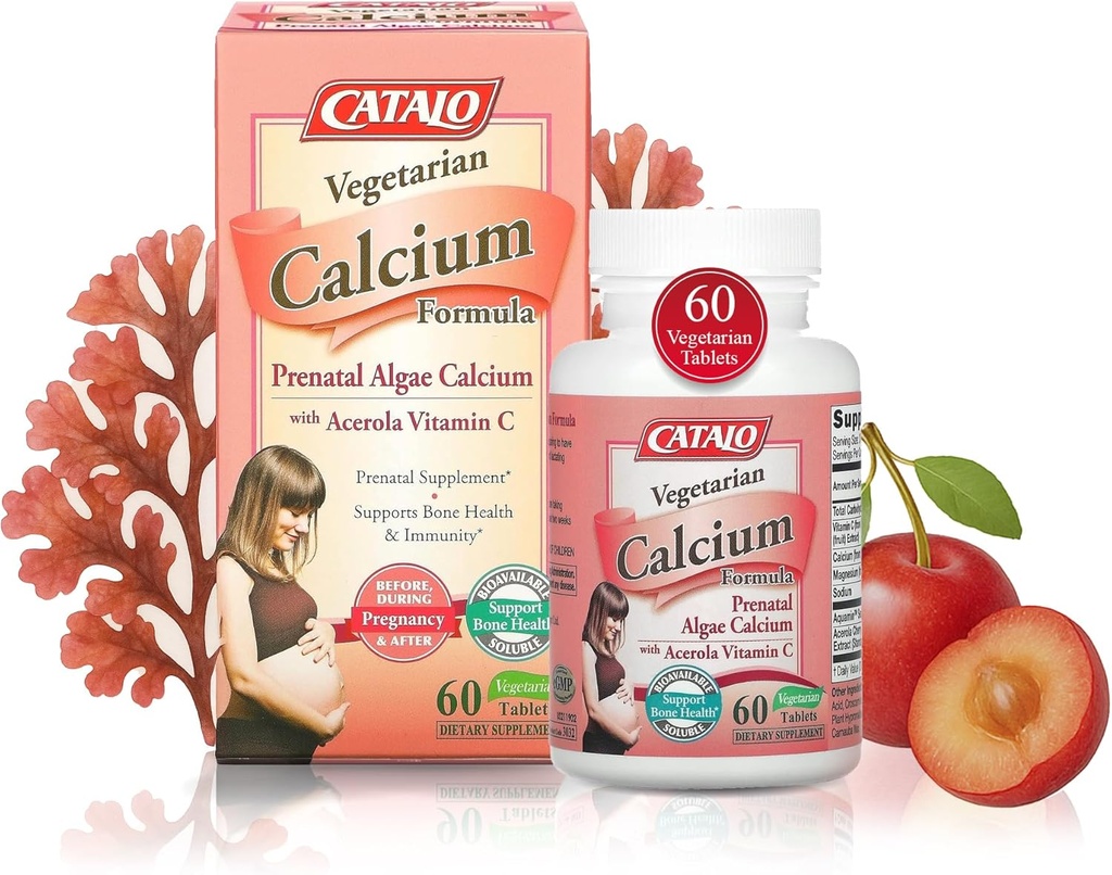 Fórmula de Calcio Vegetariano CATALO, Algas Rojas de base vegetal Calcio con Vitamina Natural C, Fácil de digerir, Mineral-Rich para Nutrición de Todos los Días, Ideal para Embarazo y Lactación - 90 Tabletas