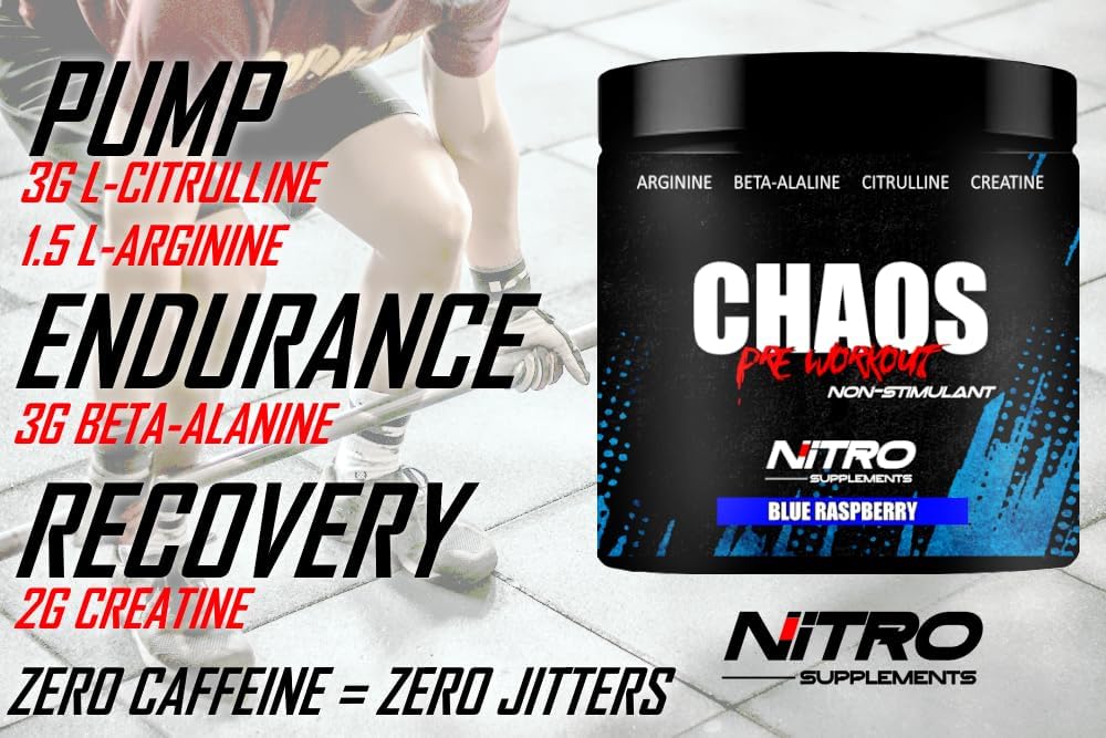 Suplementos Nitro - Caos - Pre-Workout no estimulante (30 Sevings) Beta-Alanina, L-Citrulline, Arginina, Creatina, Taurine Estimulante Libre (30 Servings, Blue Raspberry)