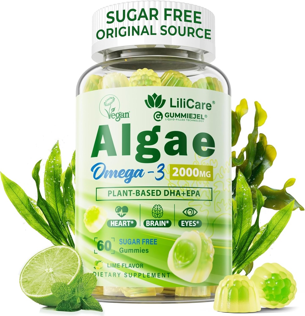 Omega 3 Gummies 2200mg de Algae Oil (DHA 640mg &amp; EPA 290mg) para Hombres, Vegan Omega 3 Fish Oil Alternative, w/CoQ10, Astaxanthin, Vitamina A, E, D3 para Cerebro, Ojo, Antioxidante, Sugar Gratis, 1Pack