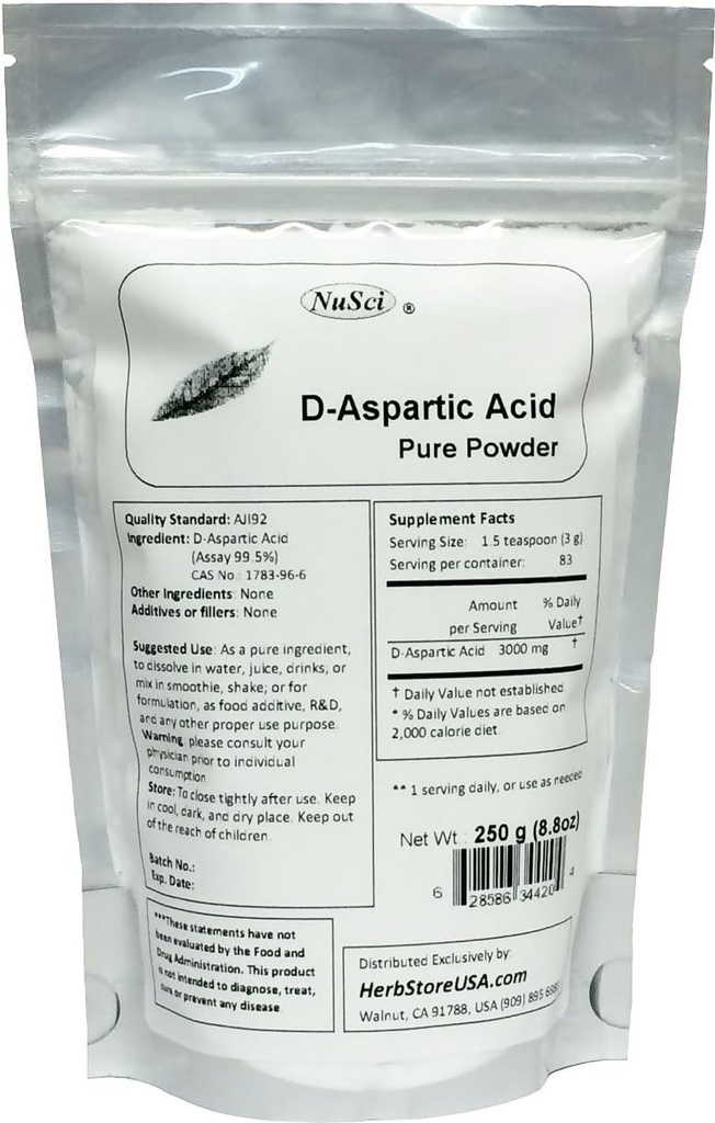 Puro D-Aspartic Acid (DAA) Powder AJI Quality Standard (250 gramos (8.8 oz))