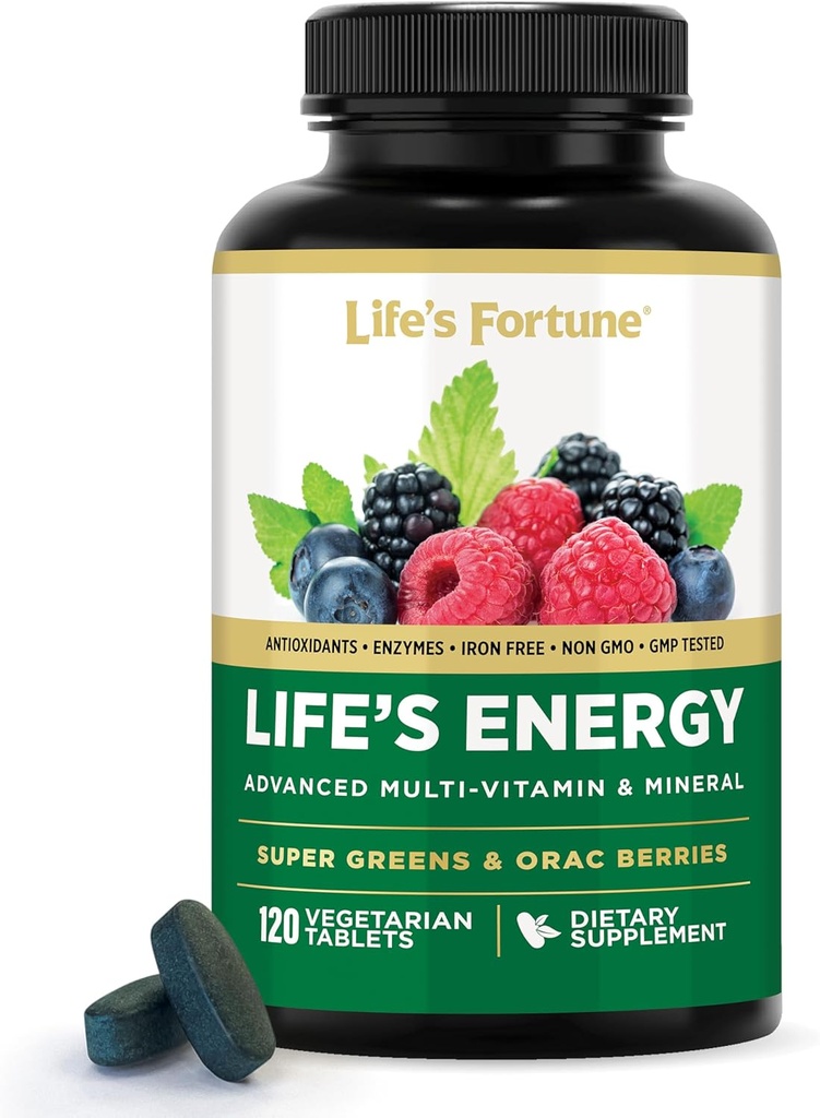 Life's Energy Advanced Daily Multivitamin for Men &amp; Women, Energy & Immune Support Supplement with Super Greens - Antioxidants & Enzymes - Iron Free, Vegetarian, 120 Tablets by Life's Fortune