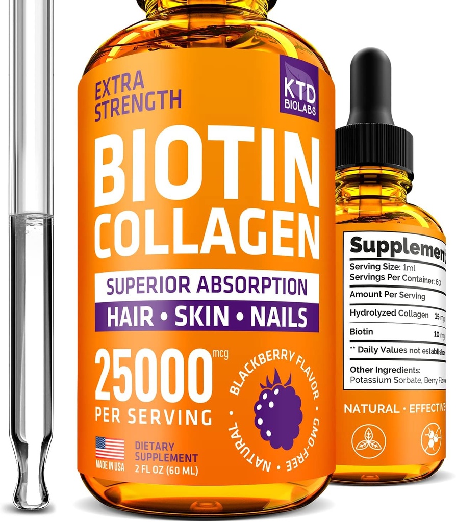 Collagen líquido y gotas de biotina para el crecimiento del cabello 25.000 mcg - Hecho en EE.UU. Collagen " Vitaminas de biotina para la piel del cabello y las uñas - Collagen hidrolizado y suplemento de biotina para mujeres y hombres