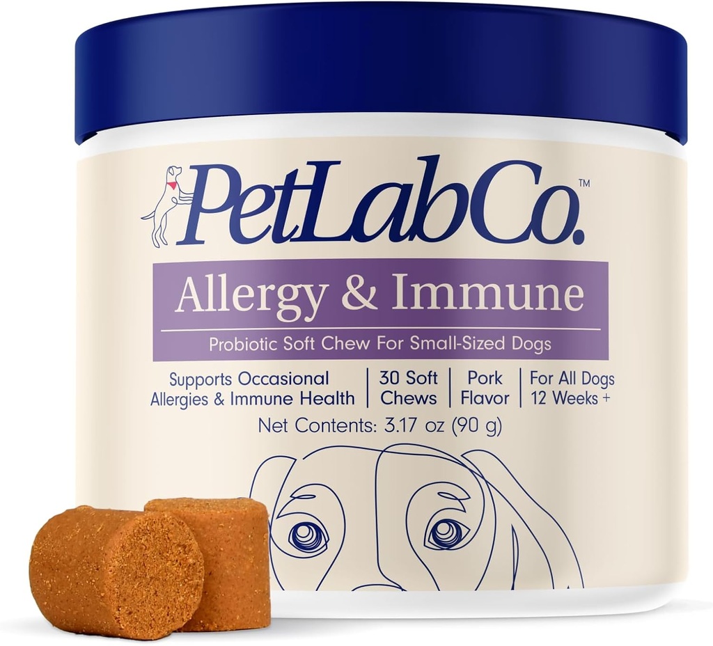 PetLab Co. Allergy &amp; Immune Daily Probiotics for Dogs. Apoya la producción de levaduras, alergias estacionales, Itchiness intermitente, Gut & Digestive Health - 30 Chews for Small Dogs - Packaging May Vary