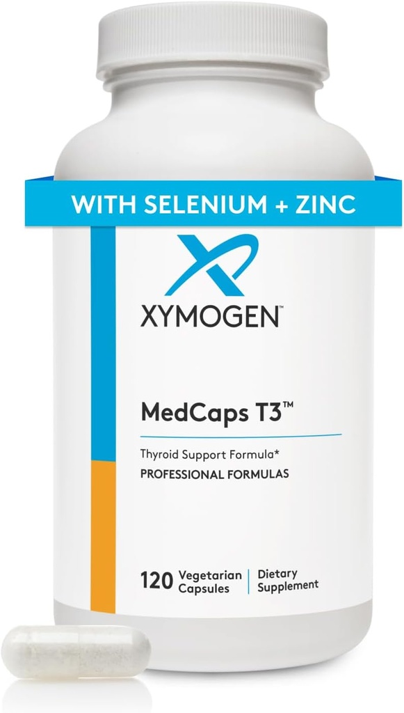 XYMOGEN MedCaps T3 - Thyroid Support Formula with Vitamins + Herbs - Selenium, Zinc, Vitamin E + C, Ashwagandha, Guggul Extract, and Iodine Supplement (120 Capsules)