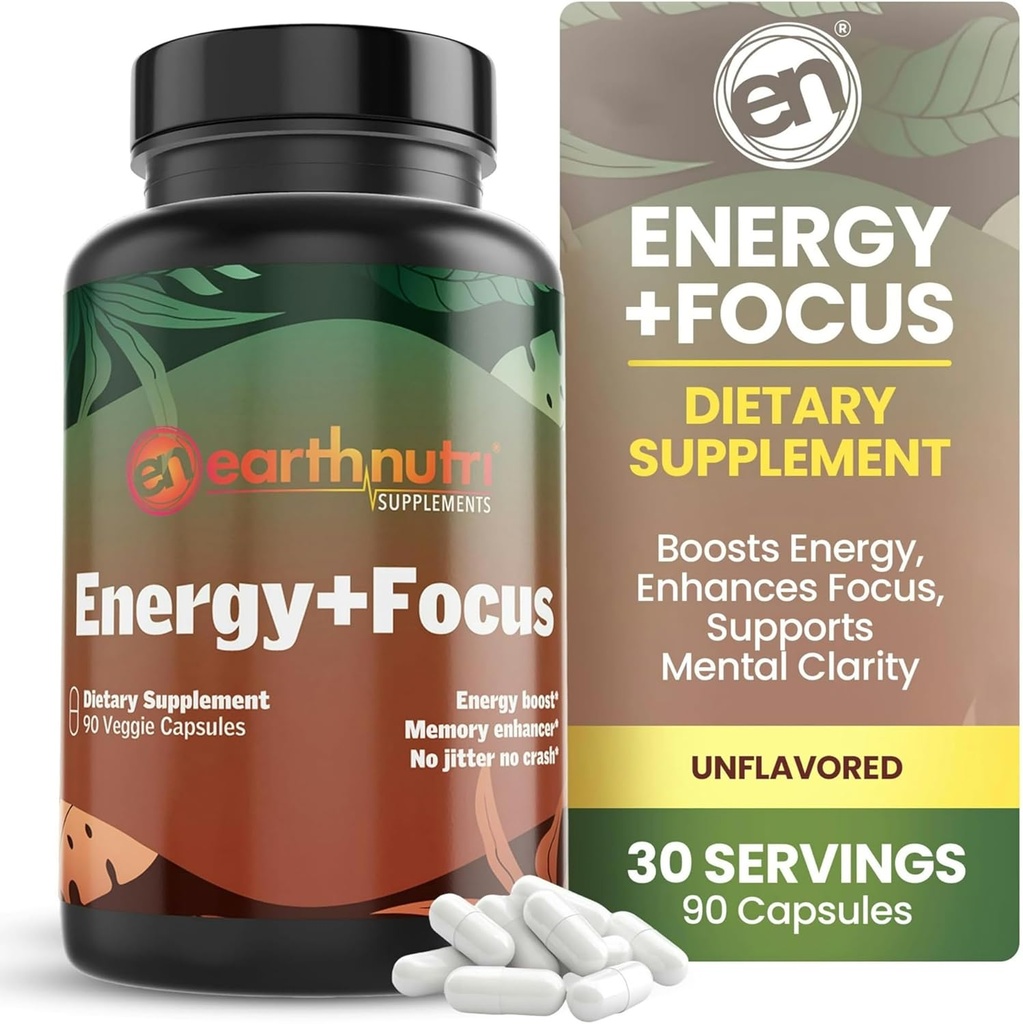 EarthNutri Energy + Focus Supplement - Energy Boost & Memory Enhancer with PeakO2, AlphaSize, Cognizin, PurCaf, Theacrine, Acetyl L-Carnitine and L-Tyrosine - 3 Capsules Per Serving