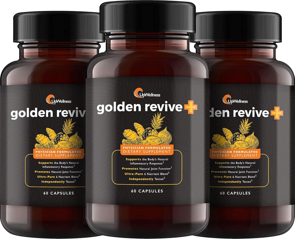 UpWellness Golden Revive + Joint Support Suplemento Destacando Turmeric con Black Pepper, Quercetin y Magnesium- Turmeric Boswellia Suplemento - 6 Active Ingredients - 60 cápsulas, 3 Pack