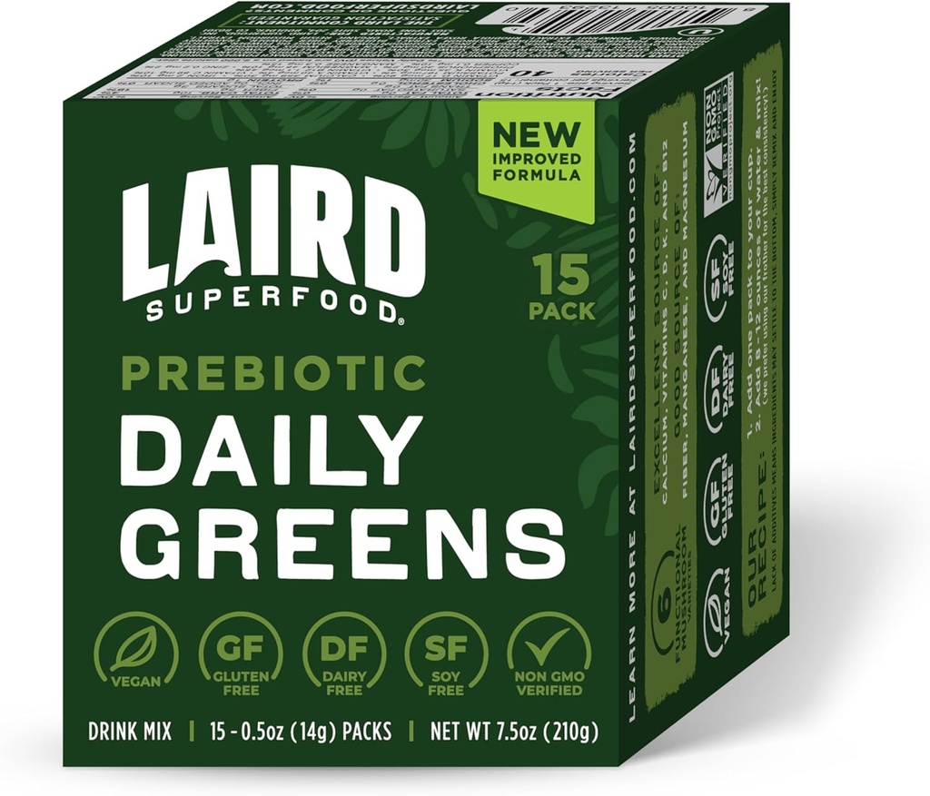 Superfood Laird Prebiotic Daily Greens Powder - Pack of 15 Single Serve Sachets - Essential Vitamins & Minerals - Fiber, Adaptogen & Fruits, Vegetables – Supports Gut Health – Non-GMO, Vegan