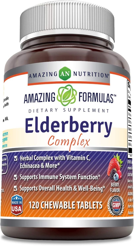 Increíble fórmulas Elderberry Complex Suplemento ← 120 Chewable Tablets ← Berry Flavor ← No-GMO TEN Gluten-Free TEN Made in USA