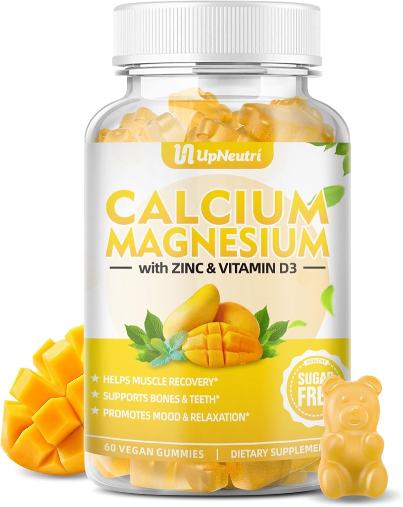 Calcio Magnesio Zinc con Vitamina D3 Suplemento, Azúcar Gummies de Calcio Libre para Mujeres Hombres, Alta Absorción Zinc Gummies para Bone &amp; Muscle & Immune Health, Vegan Mango Flavor - 60 Conde