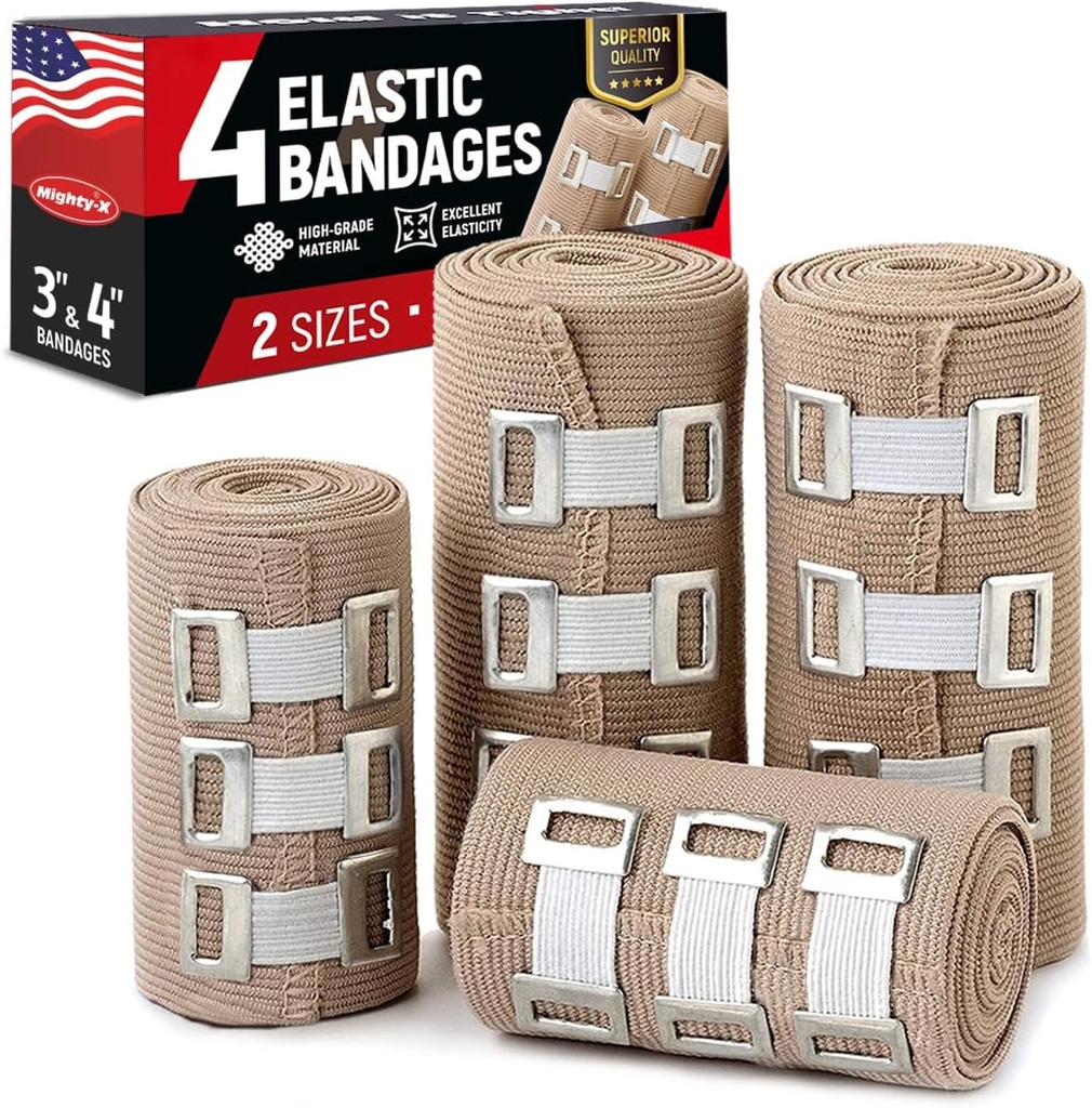 Premium Elastic Bandage Wrap - 4pk (2x3in, 2x4in) + 12 Clips adicionales - Fuerte Compresión Bandage Wrap para Wrists, Tobillos, Pies y Mantones