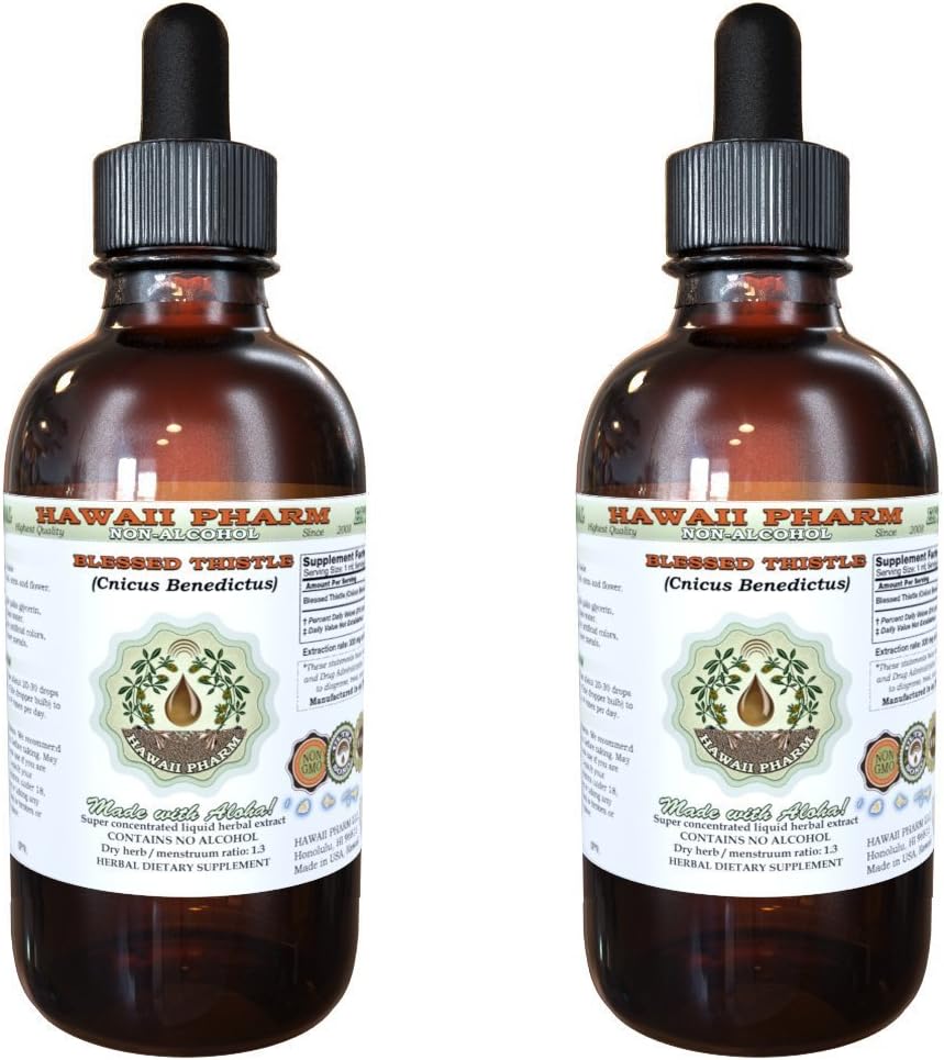 Blessed Thistle Alcohol-Free Liquid Extract, Organic Blessed Thistle (Cnicus benedictus) Dried Leaf, Organic Stem and Flower Glycerite Hawaii Pharm Natural Herbal Supplement 2x4 oz
