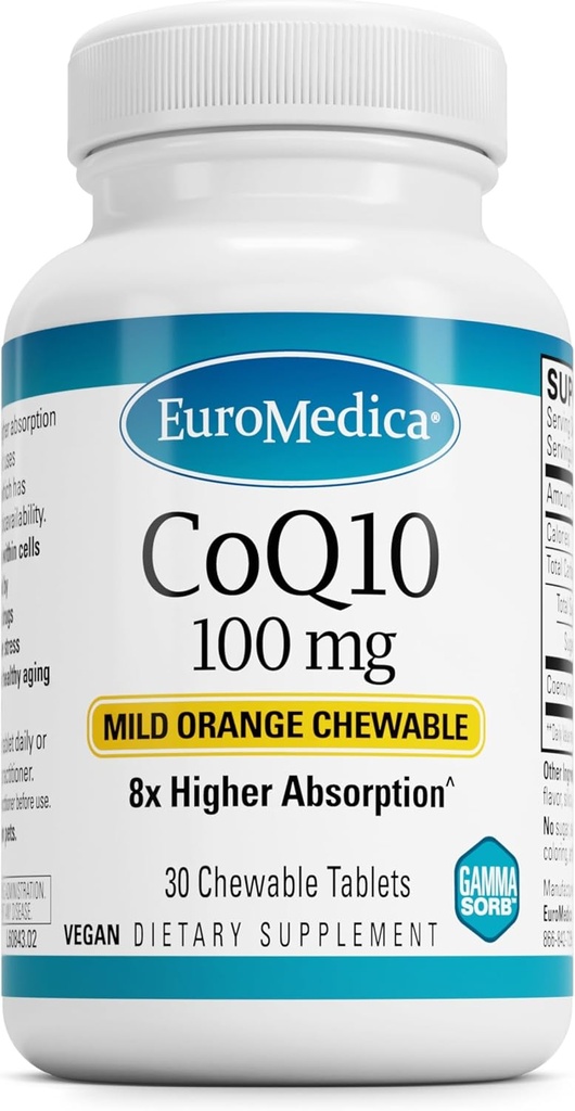 EuroMedica CoQ10 100 mg - Cellular Energy Support Supplement - Higher Absorption CoQ10 Chewable Supplement - Nutritional Supplement to Aid Healthy Aging & Brain Health - 30 Chewable Tablets