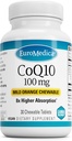 EuroMedica CoQ10 100 mg - Suplemento de Apoyo a la Energía Celular - Absorción Superior CoQ10 Suplemento Chewable - Suplemento Nutricional de Ayuda Salud del Envejecimiento Saludable - 30 Tabletas Chewable
