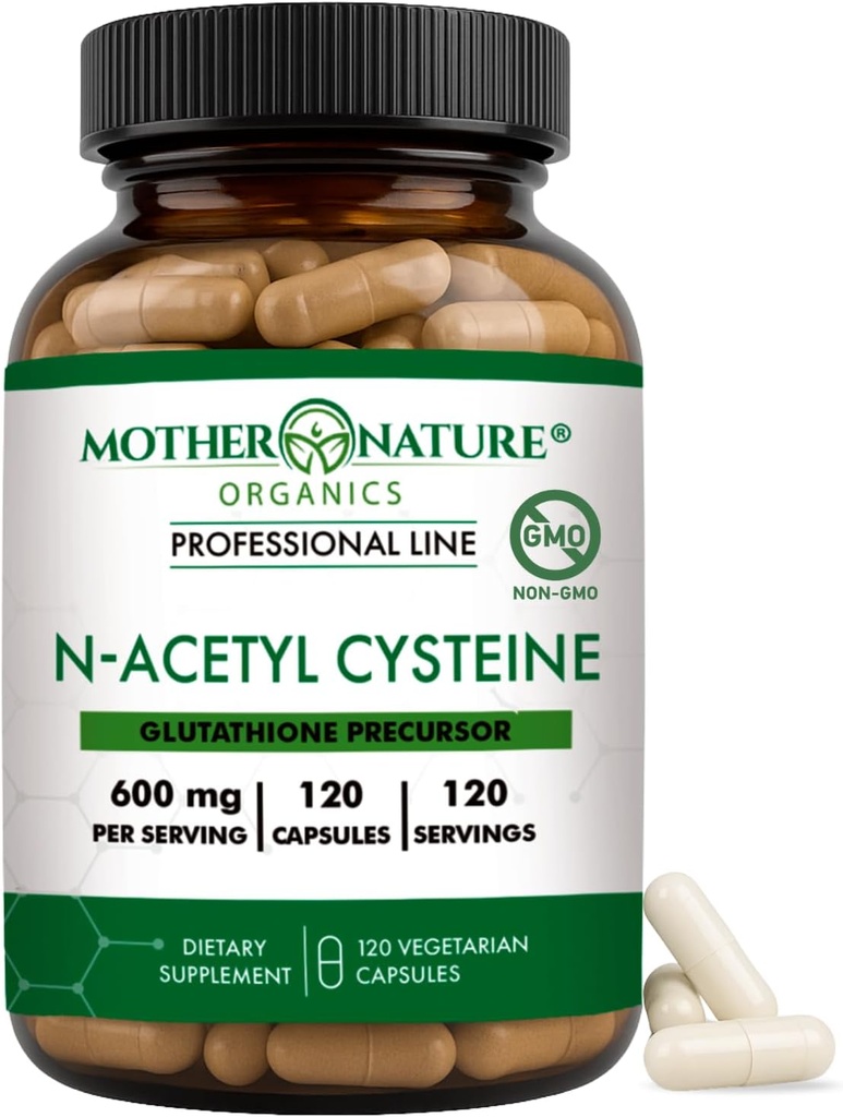 Madre Naturaleza Orgánica NAC 600mg, Botella de vidrio, N-Acetyl Cysteine Antioxidant Glutathione Precursor, Liver &amp; Lung Support, Immune, Respiratory Health, y Detox (120 Conde)