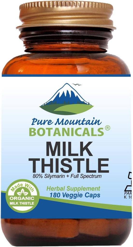 Botánicos de montaña puros de alta potencia de leche Thistle -180 cápsulas de Kosher Vegan con 450 mg de carburante de leche orgánica semillas y extracto