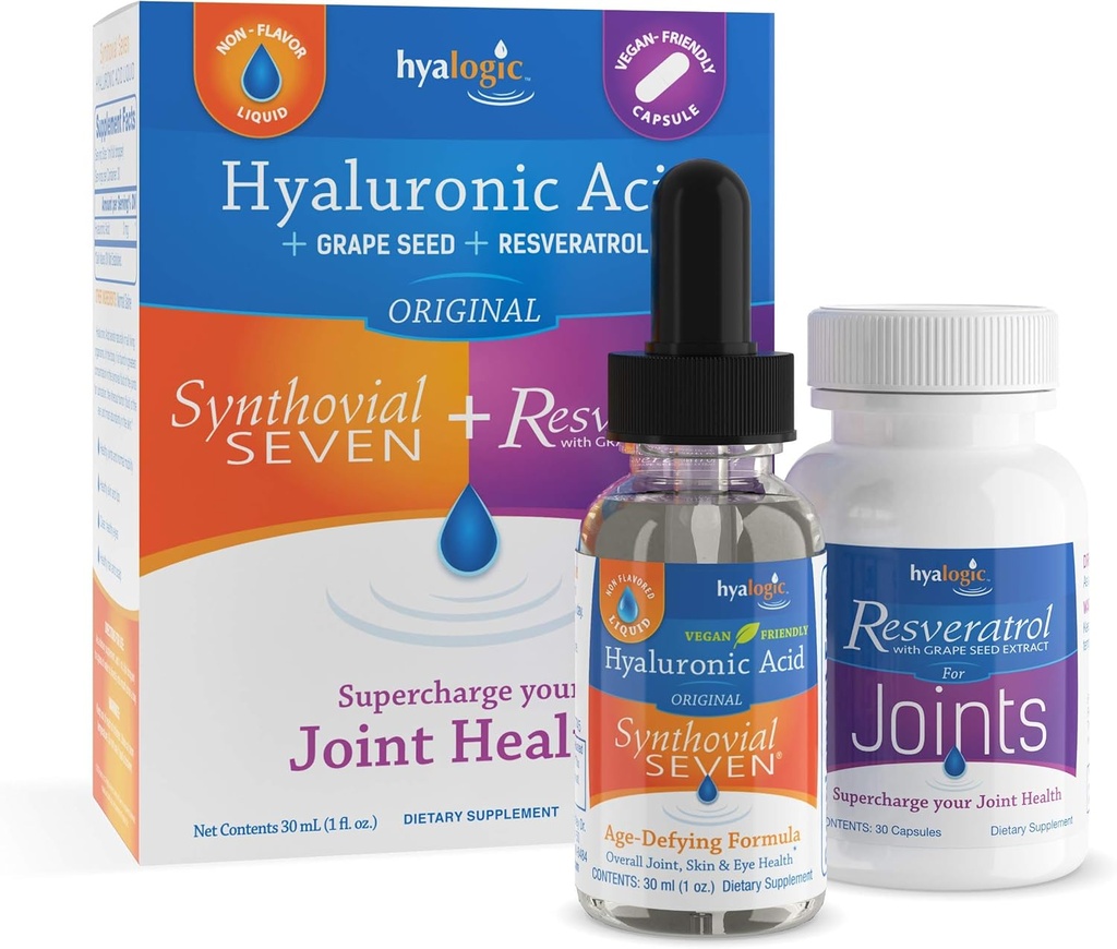 Hyalogic Synthovial Seven Hyaluronic Acid Liquid " Resveratrol Capsules - HA Joint Support - Vegan - 1 oz