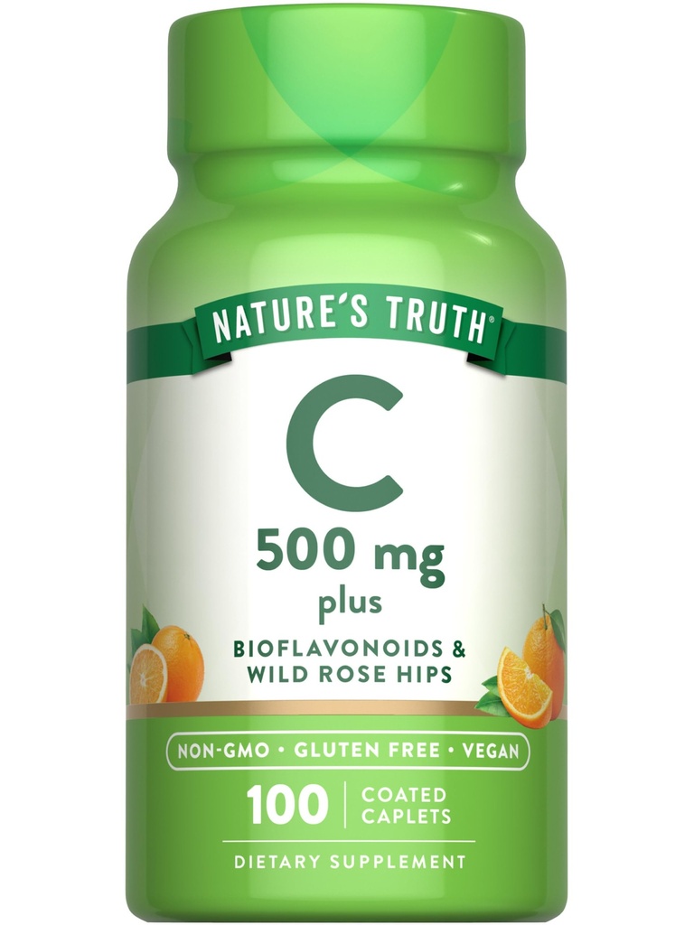 Nature's Truth Vitamin C with Rose Hips and Bioflavonoids | 500mg | 100 Caplets | Vegan, Non-GMO & Gluten Free
