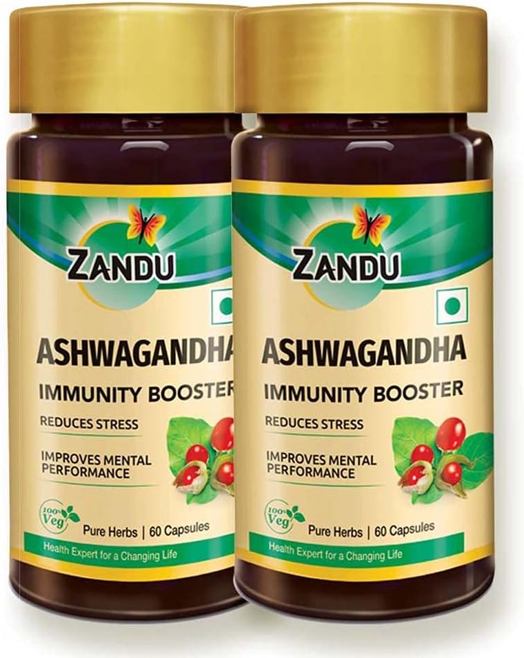 Zandu Ashwagandha Capsules (120 capuchas de veg), Formulado con Puros Extractos de Ashwagandha, Booster Inmunity, For Natural Body Strength, Stress Buster (Pack of 60 x 2)