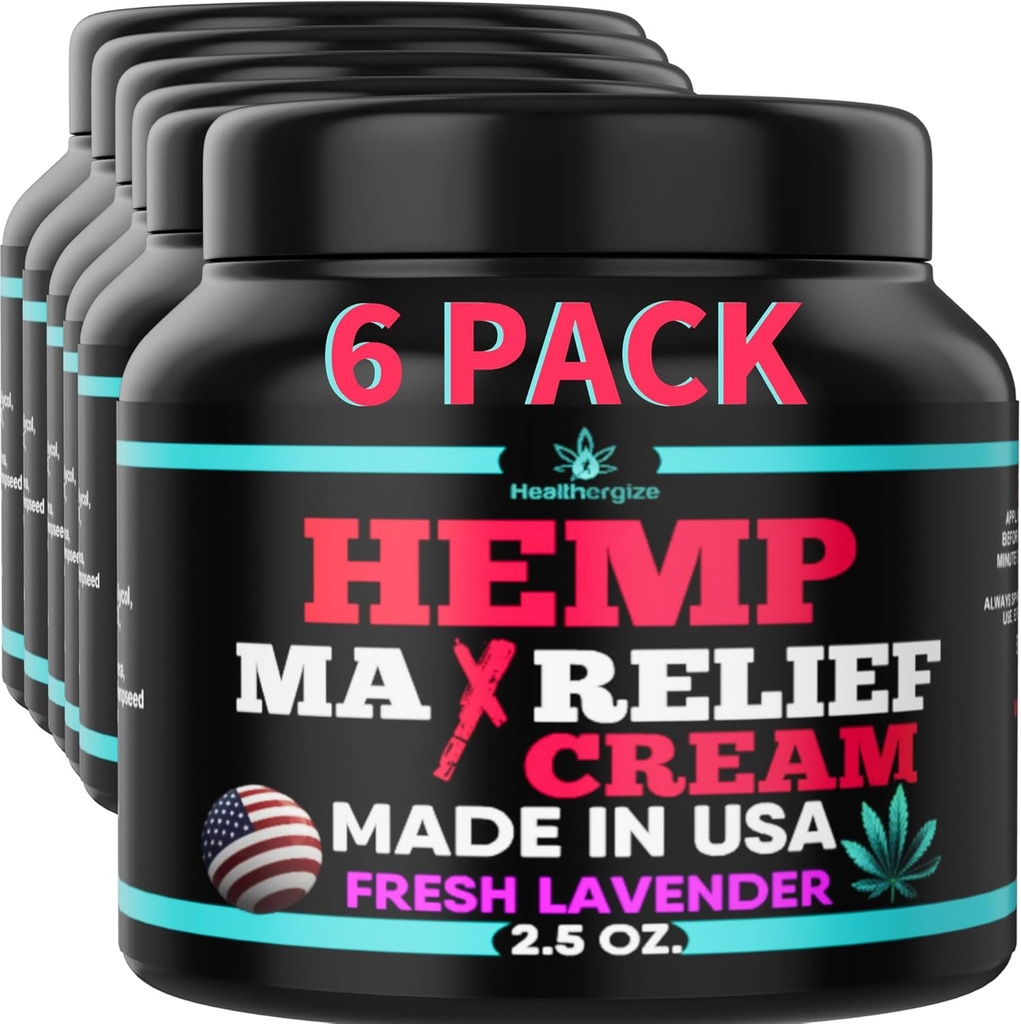 6PACK Healthergize Hemp Cream-Natural Premium Quality-Full Body Relief Instant Results-Hemp Oil Infused-Lavender, Aloe, Turmeric, Aches, Muscles, Joints, Muscles, Back, Knees, Neck-Made in USA...