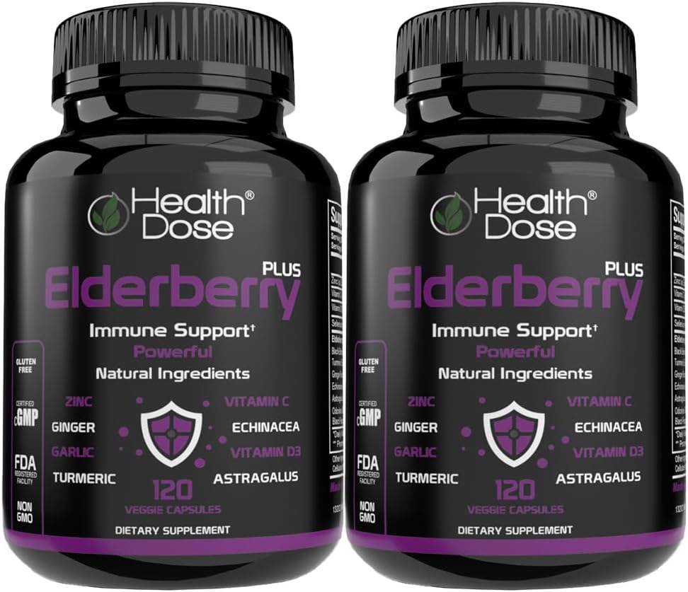 Health Dose Elderberry Plus Capsules – Immune Support Supplement with Vitamins C, D3, Zinc, Selenium & 11 Ingredients for Year-Round Wellness – 120 Veggie Capsules, 2-Month Supply Pack of 2