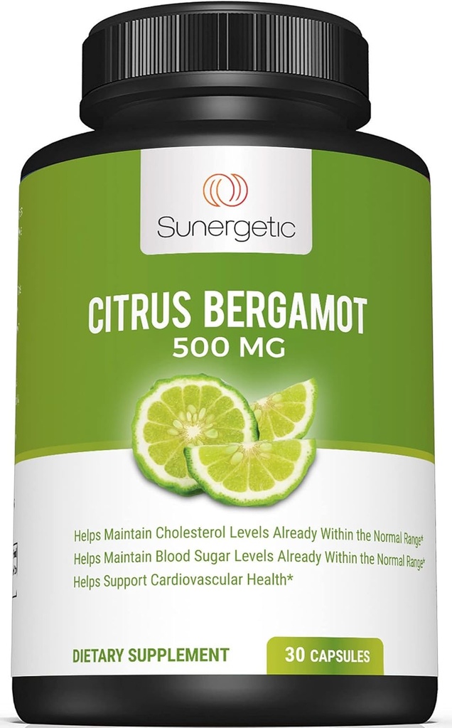 Cápsulas de Bérgamo Sunergético–Formulado con Extracto Bérgamo Orgánico–Bérgamo Clínicamente estudiado para apoyar niveles de colesterol saludables dentro de rango normal–30 Citrus Bergamot Capsules