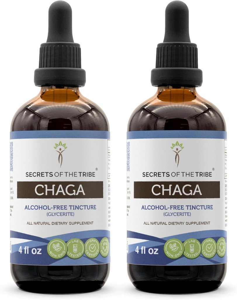 Secretos de la Tribe Chaga Tincture Extracto sin alcohol, Chaga Wildcrafted (Inonotus obliquus) Secado todo el mushroom (2x4 FL OZ)