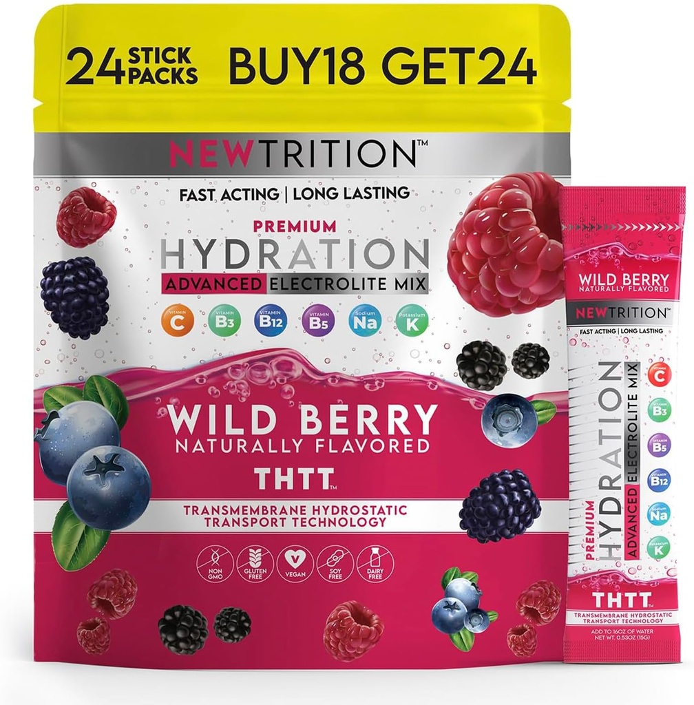 Hydration Powder, Wild Berry Pack of 24 Electrolyte Powder Packets, Naturally Flavored Hydrating Packets for Water, Fast Acting Hydrate Electrolytes with Vitamins B &amp; C, Energy & Recovery
