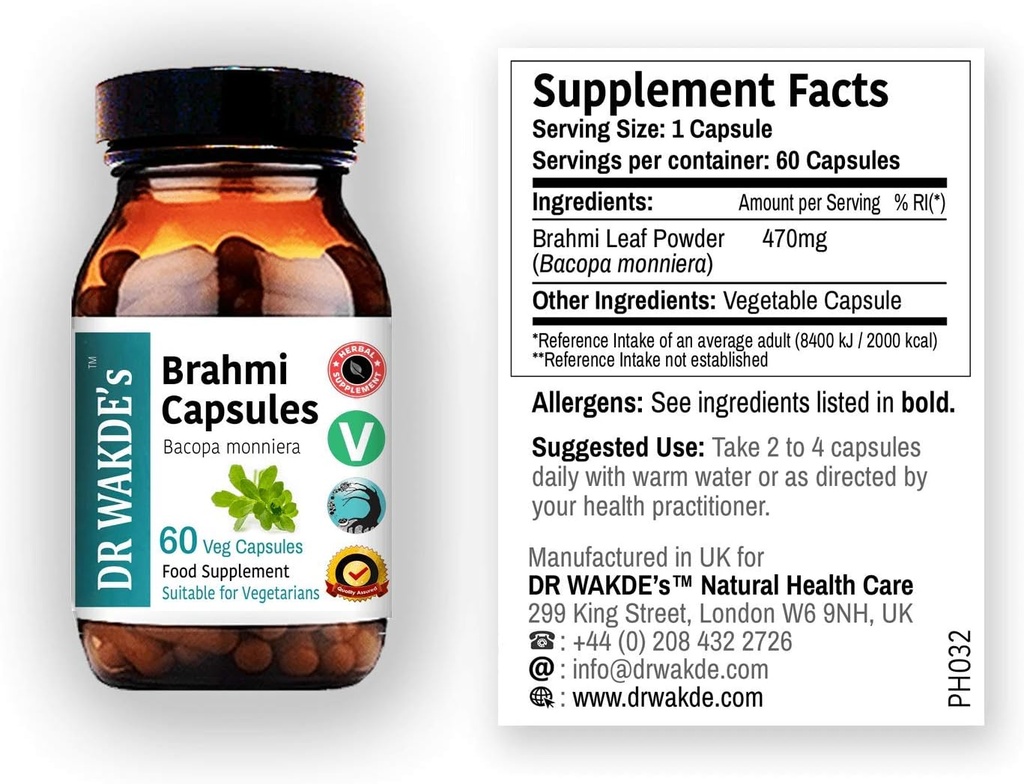 Capsules Brahmi de DR WAKDE (Bacopa monniera, 60 caps, Suplemento de base vegetal, hierba ayurvédica, todo natural, vegano)