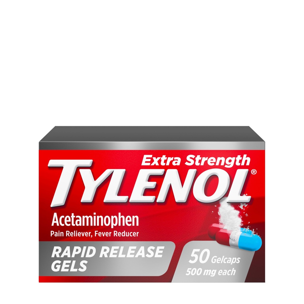 Tylenol Extra Strength Acetaminophen Rapid Release Gels, Fast, Strong Pain Relief, Fever Reducer, 500 mg Gelcaps with Laser‑Drilled Holes for Fast Release, OTC Medicine, 50 Count