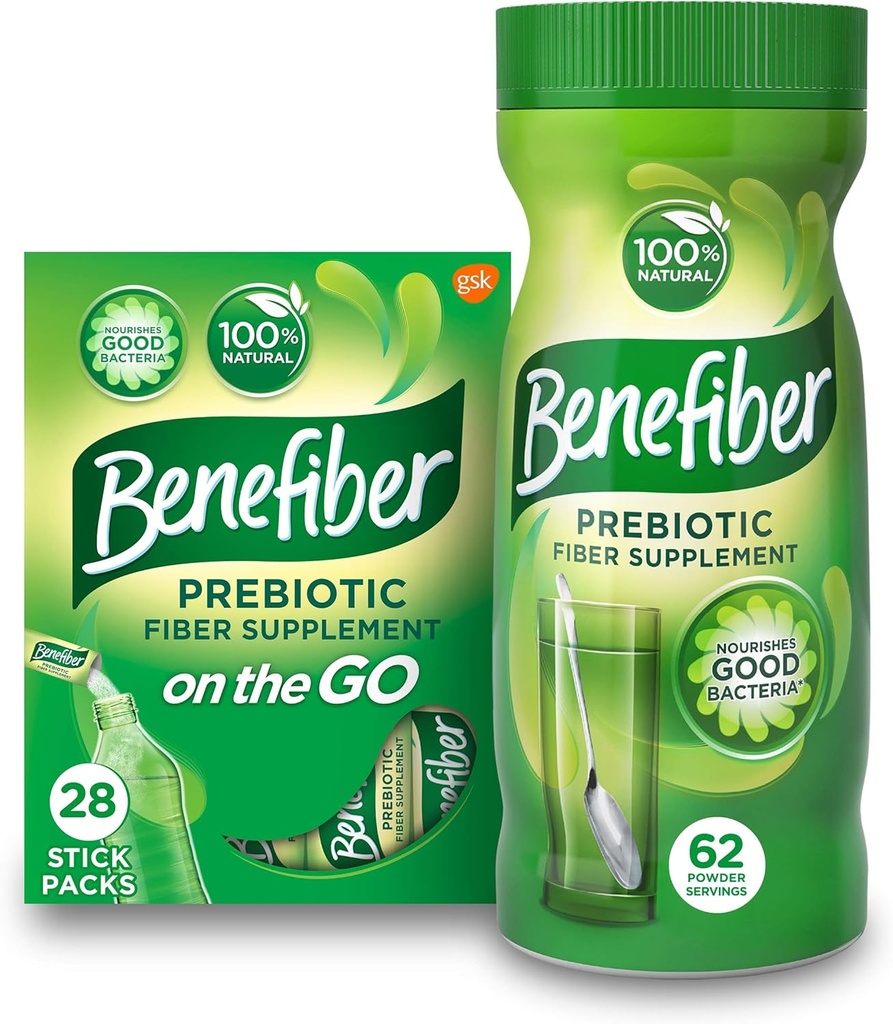 Benefiber Daily Prebiotic Dietary Fiber Supplement Powder Stick Packs, 28 Sticks, 3.92 onzas Cada y Benefiber Daily Prebiotic Dietary Fiber Supplement Powder, 62 Servings / 8.7 Ounces