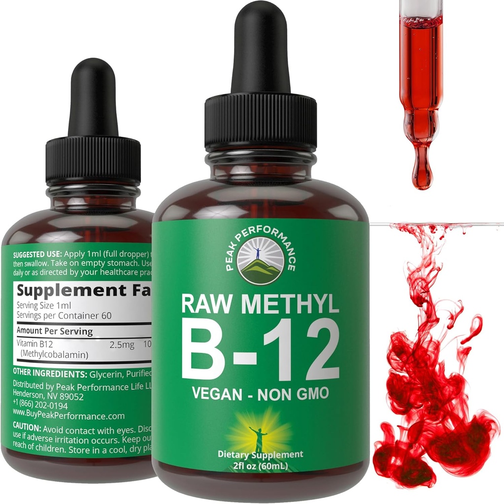 Raw Methyl B12 Liquid Drops. Sublingual Fast Acting Advanced Vegan B 12 Liquid Vitamin Supplement. Alta Biodisponibilidad Methylcobalamin B-12 Vitaminas para Energía, Focus y Alivio. para Hombres + Mujeres