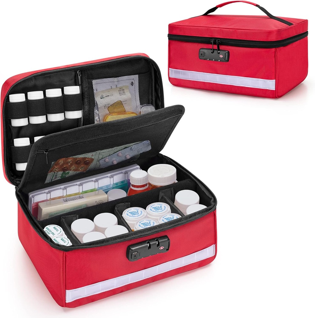 Organizador de botellas de cerradura Damero con divisores internos, almacenamiento de medicamentos y bolsa de organizador Cerradura de combinación para medicamentos, vitaminas y suministros médicos, rojo