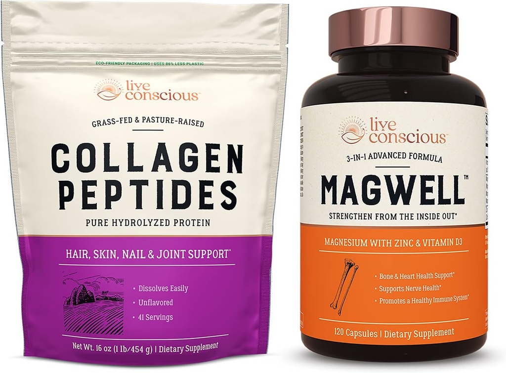 Peptides de Collagen en vivo &amp; MagWell Magnesium Zinc &amp; Vitamina D3 ← Pelo, piel, uñas y soporte conjunto + bonificación &amp; Heart Health, Immune System Support