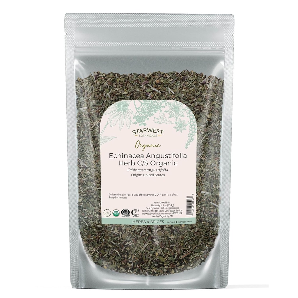 Starwest Botanicals Dried Echinacea Angustifolia Organic - Loose Leaf Herb for Tea, Tinctures, " Natural Herbal Blends, Cut " Sifted, Certified Kosher, Non-GMO - 4 oz Pouch