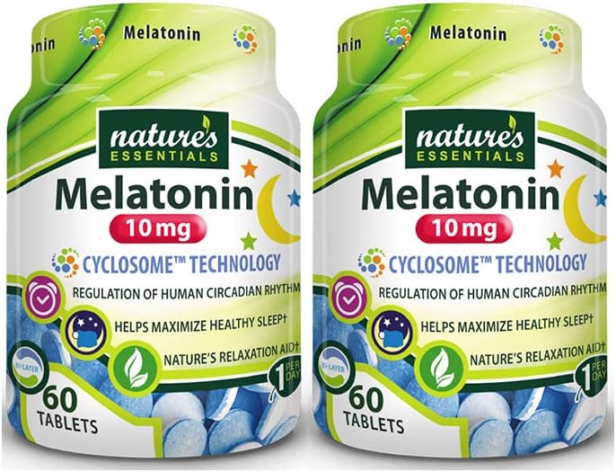 NATURE'S ESSENTIALS Melatonin 10mg ← Inmediata &amp; Extended Release ¦ Advanced Cyclosome Liposomal Delivery ← Non-GMO, Gluten Free, Vegetarian ← 60 Tablets (2 Pack)