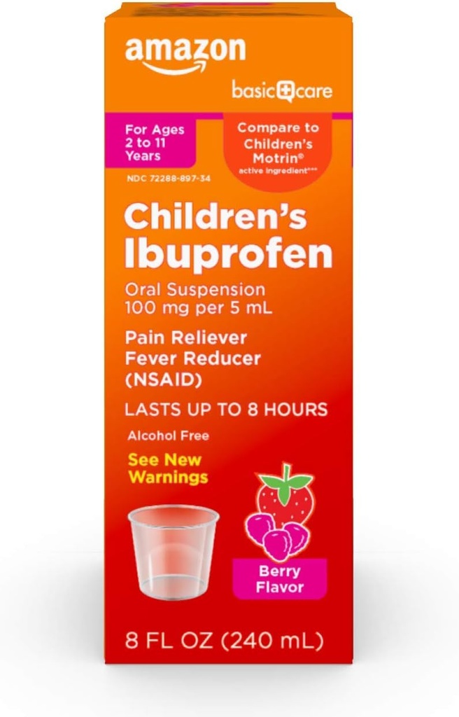 Cuidado básico Suspensión Oral Ibuprofeno para niños, 100 mg por 5 mL, Alivio de Dolor y Fiebre, Sabor de Berry, Para la garganta del dolor de cabeza y Más, 8 fl oz (Pack of 1)