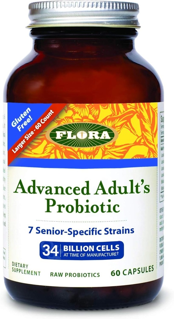 Flora - Probiótico Blend de Adulto Avanzado, Siete Estrechos Específicos Superiores, Gratuito Gluten, Probiótico crudo con 34 células de billón, 60 cápsulas