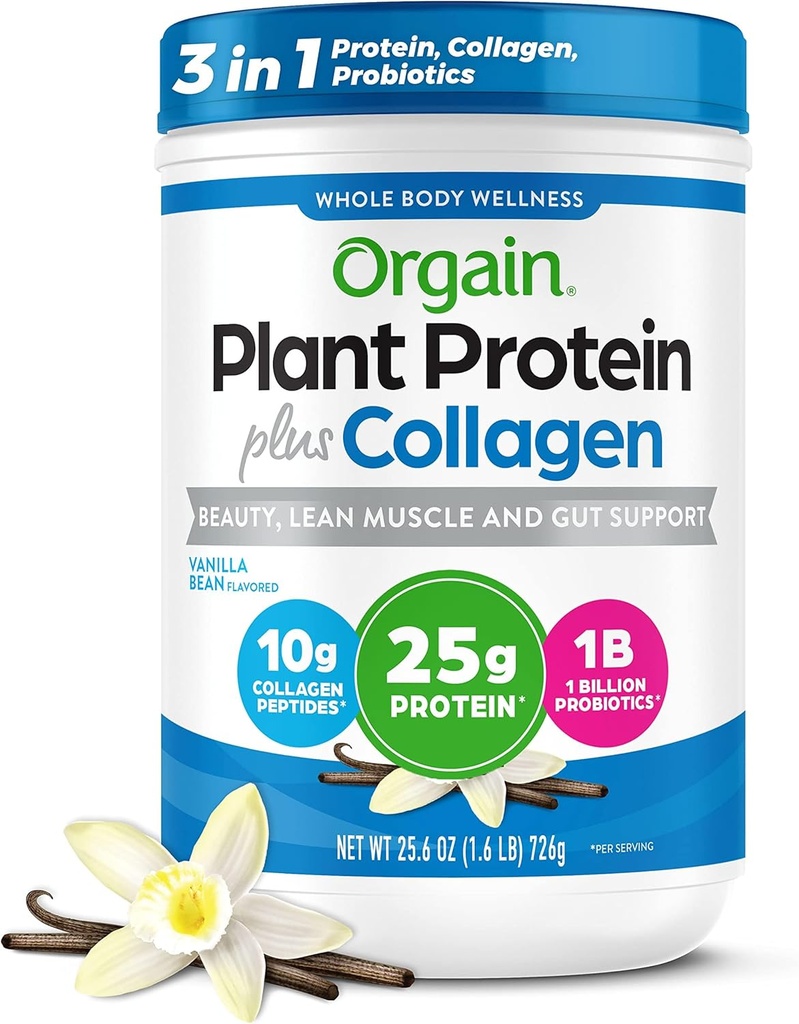 Orgain Protein Powder + Collagen, Vanilla Bean - 25g de Proteína, 10g Peptides Collagen, Tipo I & III, 1B Probióticos de CFU, soporta el cabello, la piel, la uñas, la salud conjunta de Gut, sin gluten - 1.6lb