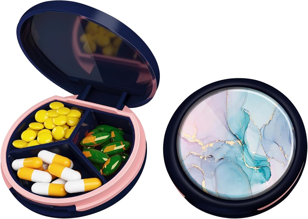 Serfeymi Small Pill Box - 3 Compartments Caja de Píldora Portátil para Bolsillo de Píldora de Píldora Compacta - Adecuado para Medicina, Vitamina, Petróleo de Pesca, Suplementos - Azul Oscuro (Marble)
