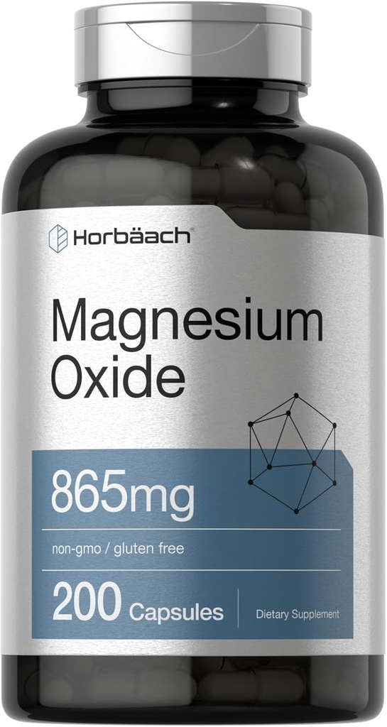 Oxido de magnesio de Horbäach 865 mg tención 200 cápsulas Silencioso No GMO y Gluten Suplemento gratuito