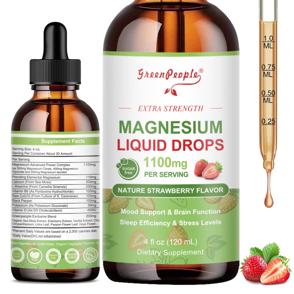 GREENPEOPLE Magnesium Glycinate Liquid Drop - 17-in-1 4Fl. Oz Triple Magnesium Complex Suplemento con Glycinate 400mg &amp; Citrato 500mg Taurate/L-Theanine for Calm Mood/Muscle/Sleep,Strawberry Flavor