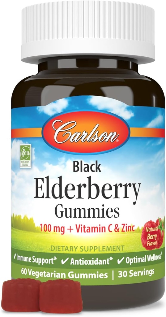 Carlson - Black Elderberry Gummies, with Vitamin C & Zinc, Immune Support, 60 Gummies