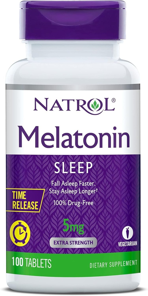 Natrol Time-Release Melatonin 5 mg, Suplemento dietético para el descanso *, 100 Tabletas (Pack of 2), 200 Day Supply