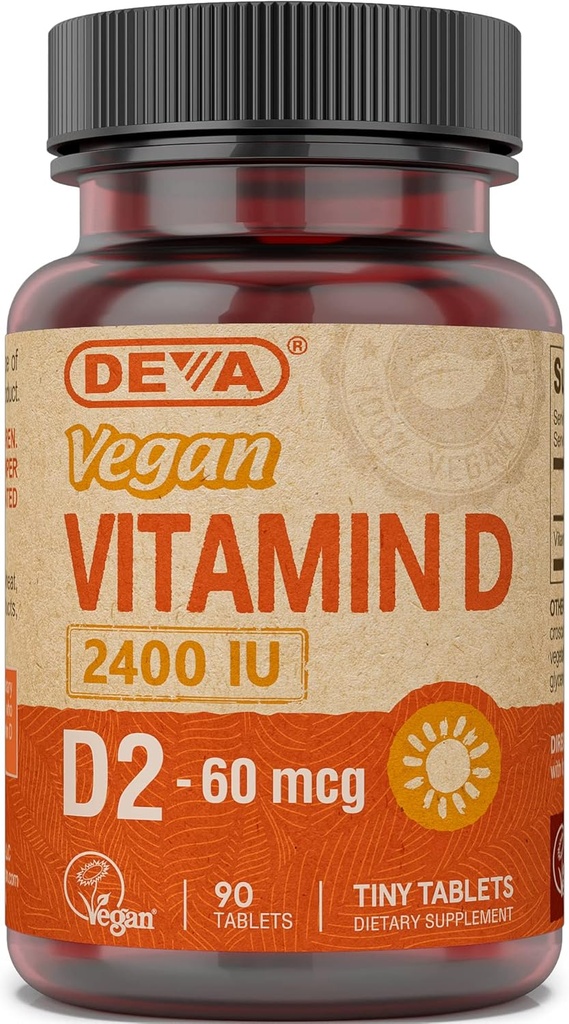 Deva Vegan Vitamina D2 60 mcg 2400 UI, Ergocalciferol Suplemento sin ingredientes animales, 90 Tabletas, 1-Pack